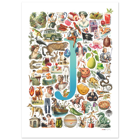 "J is for Journey" — a Renard Roux alphabet poster with English J words (turquoise version)