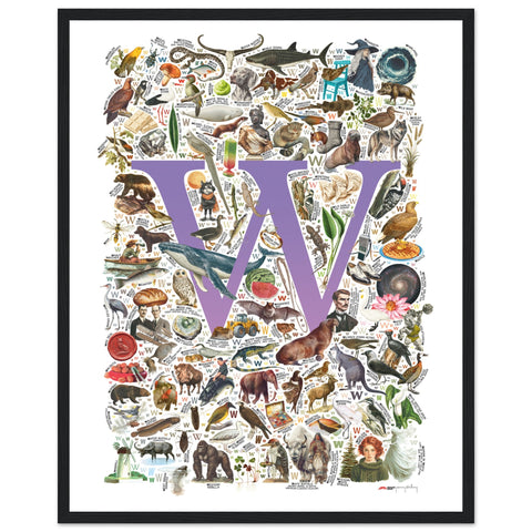 "W is for Wonder" — a Renard Roux alphabet poster with English W words (purple version)