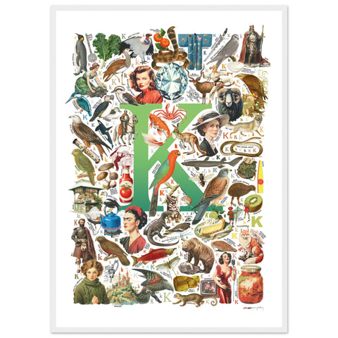 "K is for Keen" — a Renard Roux alphabet poster with English K words (green version)