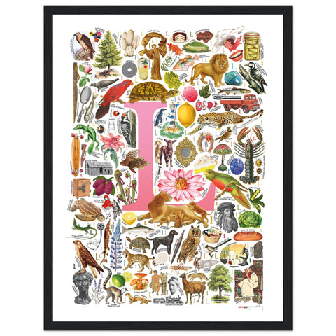 "L is for Learning" — a Renard Roux alphabet poster with English L words (pink version)