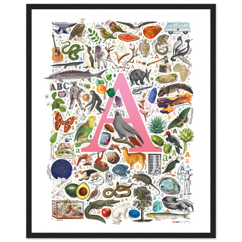 "A is for Adventure" — a Renard Roux alphabet poster with English A words (pink version)