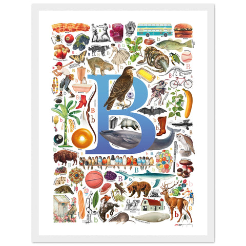 "B is for Brave" — a Renard Roux alphabet poster with English B words (blue version)