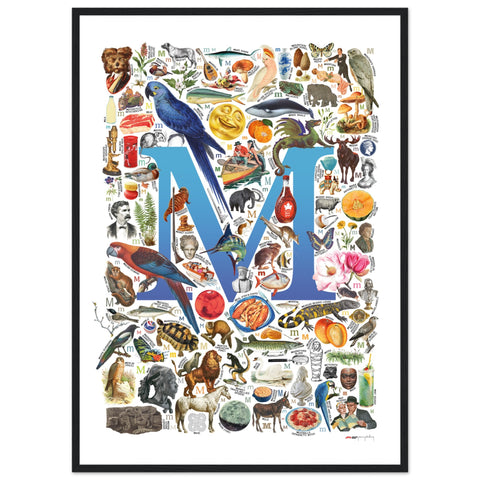 "M is for Magical" — a Renard Roux alphabet poster with English M words (blue version)