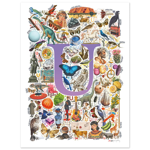 "U is for Unique" — a Renard Roux alphabet poster with English U words (purple version)
