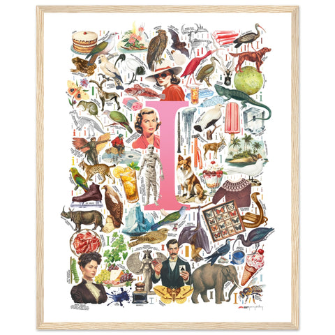 "I is for Imagination" — a Renard Roux alphabet poster with English I words (pink version)