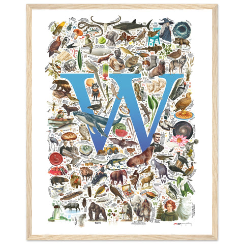 "W is for Wonder" — a Renard Roux alphabet poster with English W words (blue version)