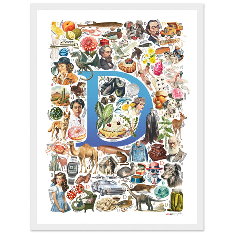 "D is for Discovery" — a Renard Roux alphabet poster with English D words (blue version)