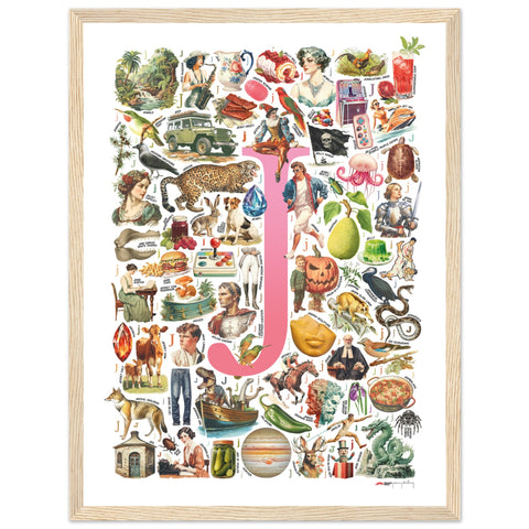 "J is for Journey" — a Renard Roux alphabet poster with English J words (pink version)