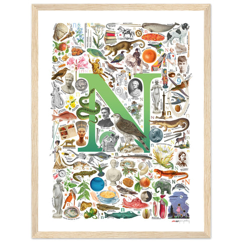 "N is for Nature" — a Renard Roux alphabet poster with English N words (green version)