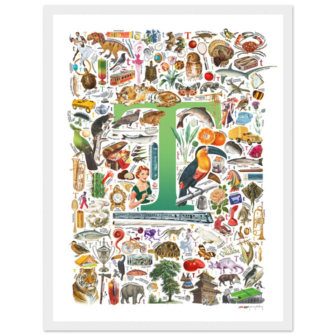 "T is for Treasure" — a Renard Roux alphabet poster with English T words (green version)