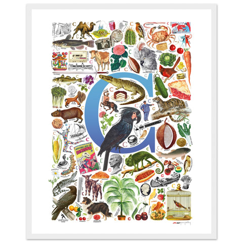 "C is for Curious" — a Renard Roux alphabet poster with English C words (blue version)