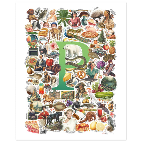 "P is for Pioneer" — a Renard Roux alphabet poster with English P words (green version)
