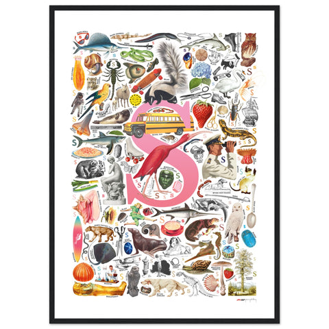 "S is for Surprise" — a Renard Roux alphabet poster with English S words (pink version)