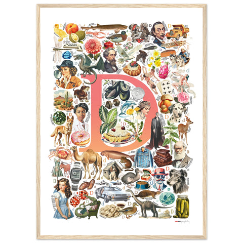 "D is for Discovery" — a Renard Roux alphabet poster with English D words (red version)