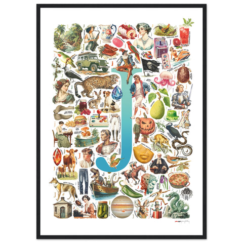 "J is for Journey" — a Renard Roux alphabet poster with English J words (turquoise version)