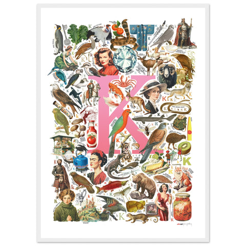 "K is for Keen" — a Renard Roux alphabet poster with English K words (pink version)