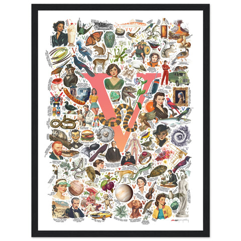 "V is for Voyage" — a Renard Roux alphabet poster with English V words (red version)