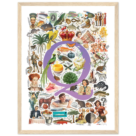 "Q is for Quest" — a Renard Roux alphabet poster with English Q words (purple version)