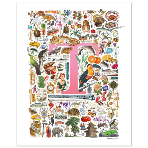"T is for Treasure" — a Renard Roux alphabet poster with English T words (pink version)