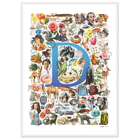 "D is for Discovery" — a Renard Roux alphabet poster with English D words (blue version)