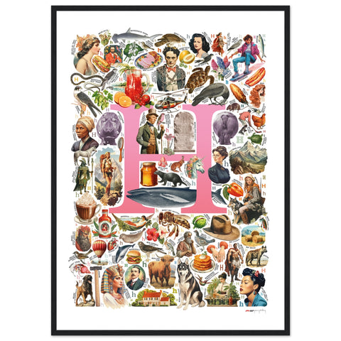 "H is for Heroes" — a Renard Roux alphabet poster with English H words (pink version)