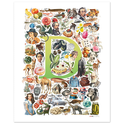 "D is for Discovery" — a Renard Roux alphabet poster with English D words (chartreuse version)