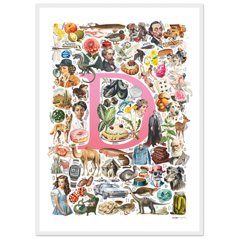 "D is for Discovery" — a Renard Roux alphabet poster with English D words (pink version)