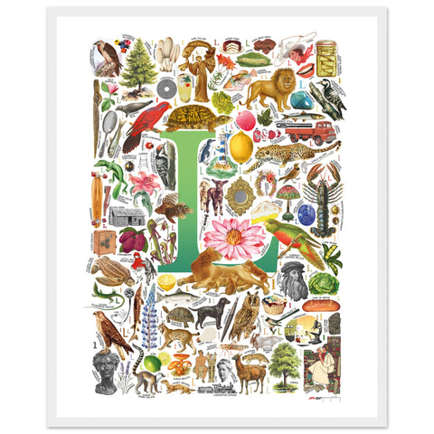 "L is for Learning" — a Renard Roux alphabet poster with English L words (green version)