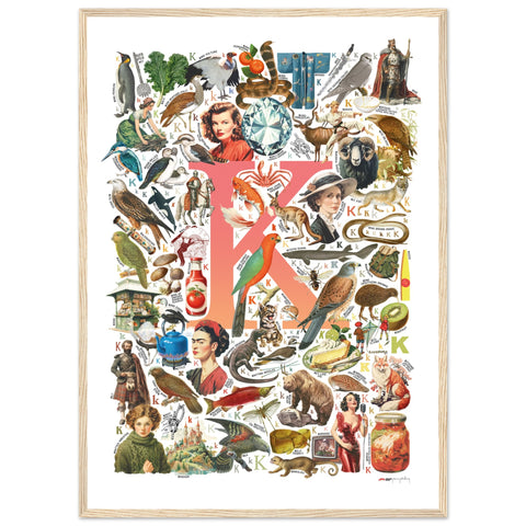 "K is for Keen" — a Renard Roux alphabet poster with English K words (red version)