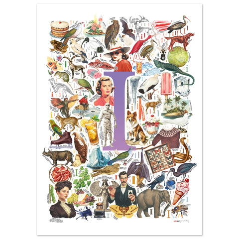 "I is for Imagination" — a Renard Roux alphabet poster with English I words (purple version)