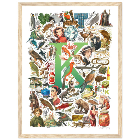 "K is for Keen" — a Renard Roux alphabet poster with English K words (green version)