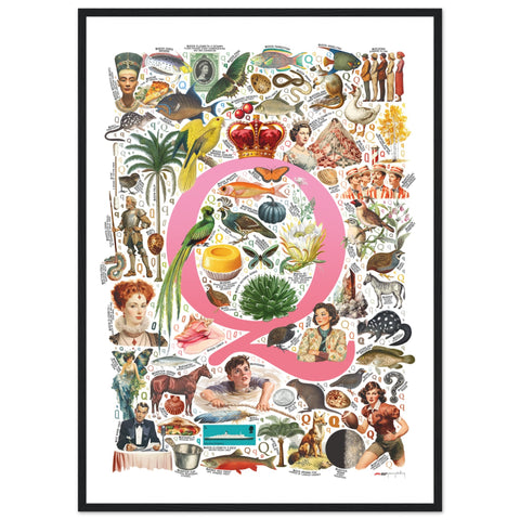 "Q is for Quest" — a Renard Roux alphabet poster with English Q words (pink version)