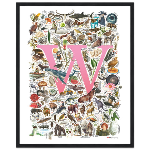 "W is for Wonder" — a Renard Roux alphabet poster with English W words (pink version)