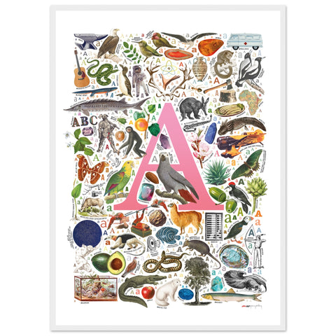 "A is for Adventure" — a Renard Roux alphabet poster with English A words (pink version)