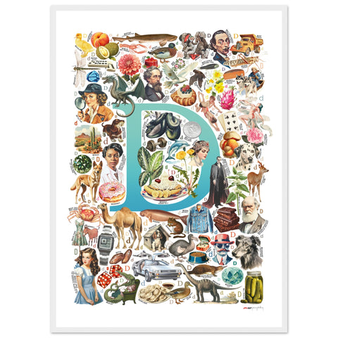 "D is for Discovery" — a Renard Roux alphabet poster with English D words (turquoise version)
