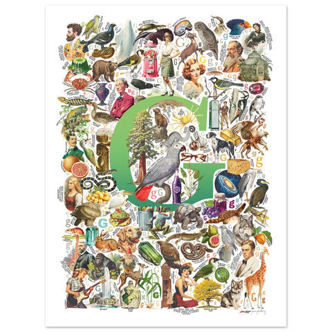 "G is for Great" — a Renard Roux alphabet poster with English G words (green version)