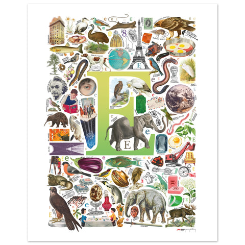 "E is for Explore" — a Renard Roux alphabet poster with English E words (chartreuse version)
