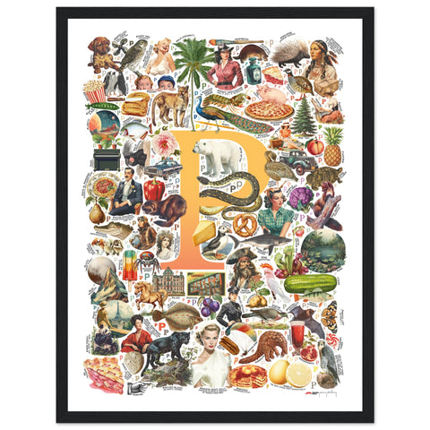 "P is for Pioneer" — a Renard Roux alphabet poster with English P words (yellow version)