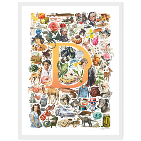 "D is for Discovery" — a Renard Roux alphabet poster with English D words (yellow version)
