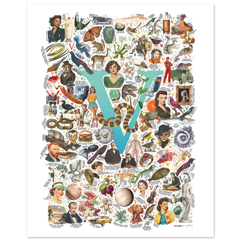 "V is for Voyage" — a Renard Roux alphabet poster with English V words (turquoise version)