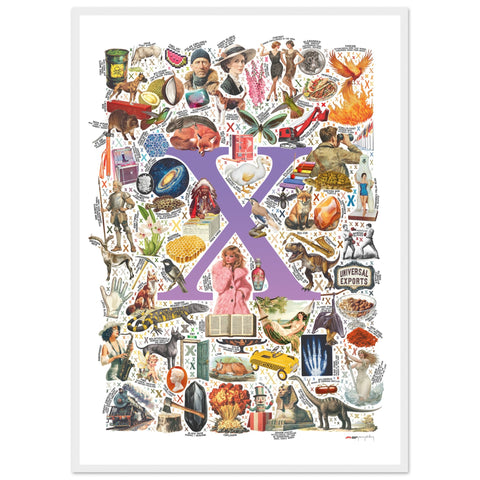 "X is for Xanadu" — a Renard Roux alphabet poster with English X words (purple version)