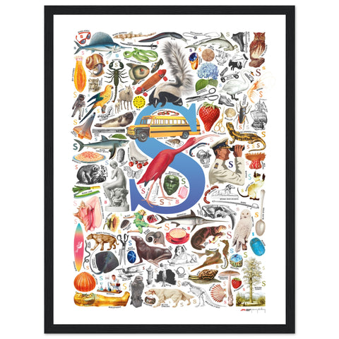 "S is for Surprise" — a Renard Roux alphabet poster with English S words (blue version)