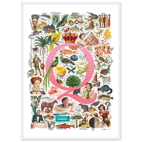 "Q is for Quest" — a Renard Roux alphabet poster with English Q words (pink version)
