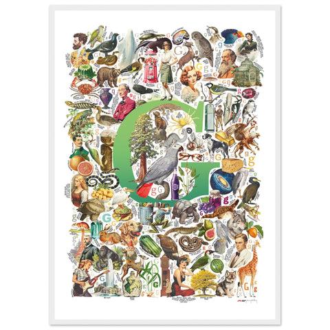 "G is for Great" — a Renard Roux alphabet poster with English G words (green version)