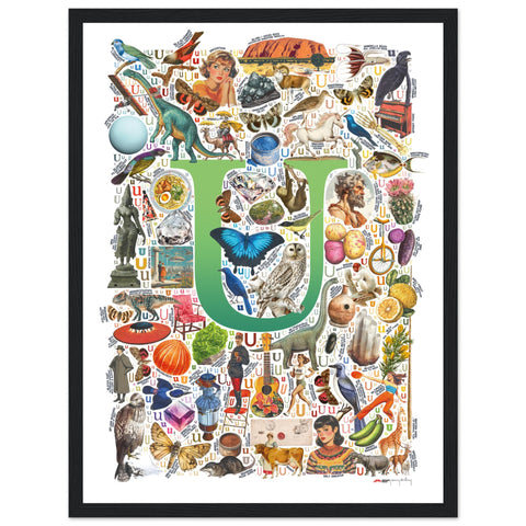 "U is for Unique" — a Renard Roux alphabet poster with English U words (green version)