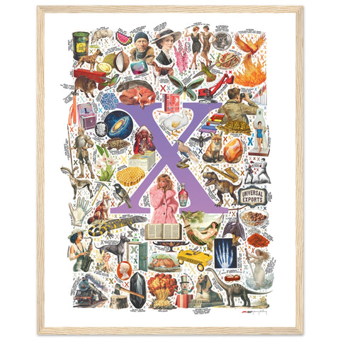 "X is for Xanadu" — a Renard Roux alphabet poster with English X words (purple version)