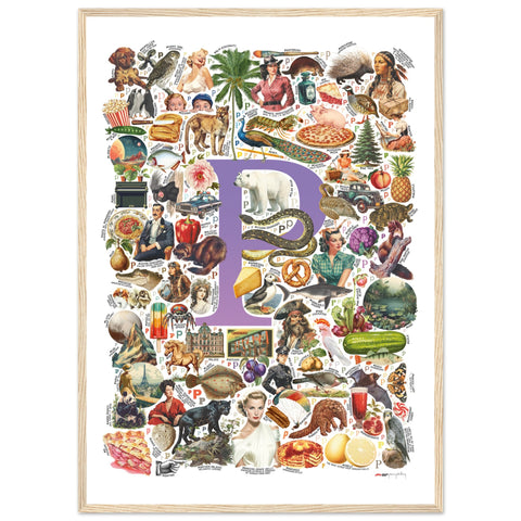 "P is for Pioneer" — a Renard Roux alphabet poster with English P words (purple version)