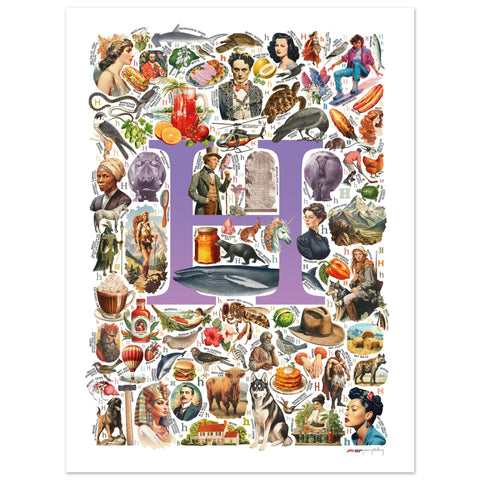 "H is for Heroes" — a Renard Roux alphabet poster with English H words (purple version)