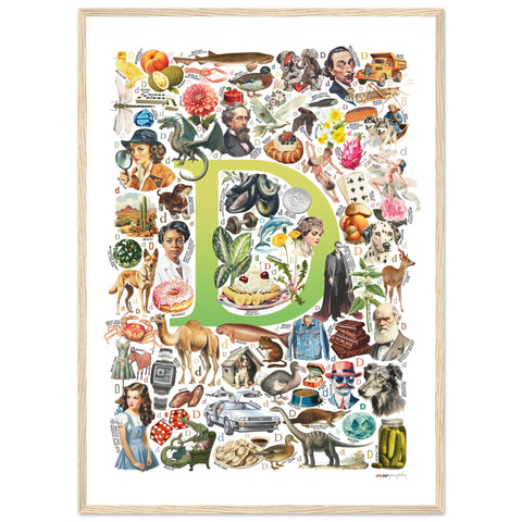 "D is for Discovery" — a Renard Roux alphabet poster with English D words (chartreuse version)