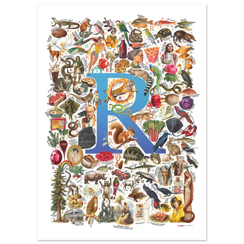 "R is for Remarkable" — a Renard Roux alphabet poster with English R words (blue version)
